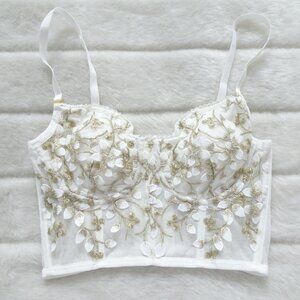 Elegant White and Gold Embroidered Bra